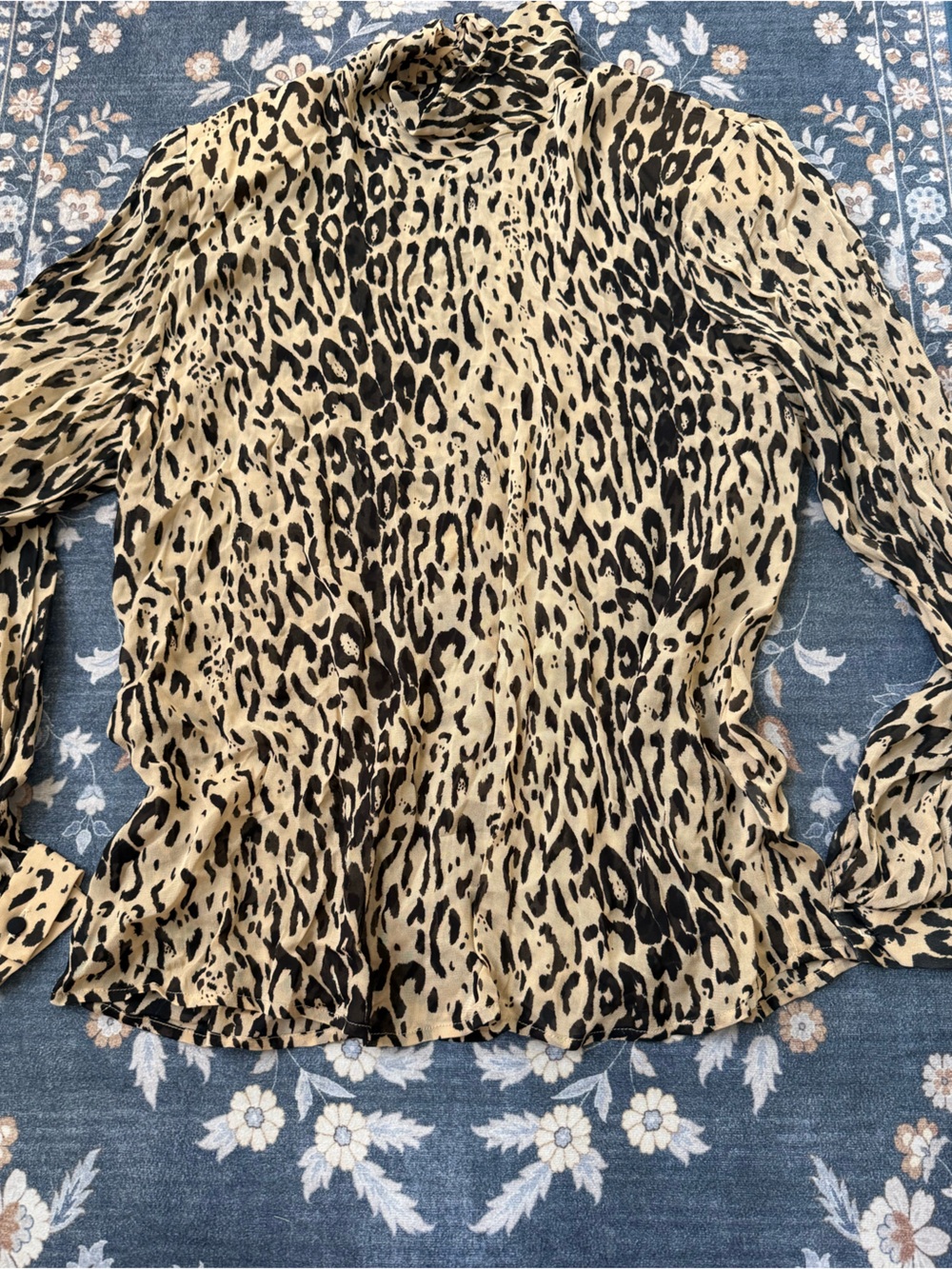 Vintage 90s 100% Silk MadeinUSA Cheetah MockNeck Shoulder Pads LongSleeve Blouse
